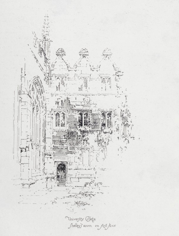 Englantilaisen runoilijan Percy Bysshe Shelleyn huone Oxfordin University Collegen ensimmäisessä kerroksessa (litho) tekijältä Herbert (after) Railton
