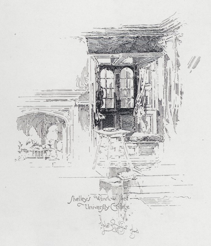 Englannin runoilija Percy Bysshe Shelleyn ikkunapaikka University Collegessa, Oxfordissa (litho) tekijältä Herbert (after) Railton