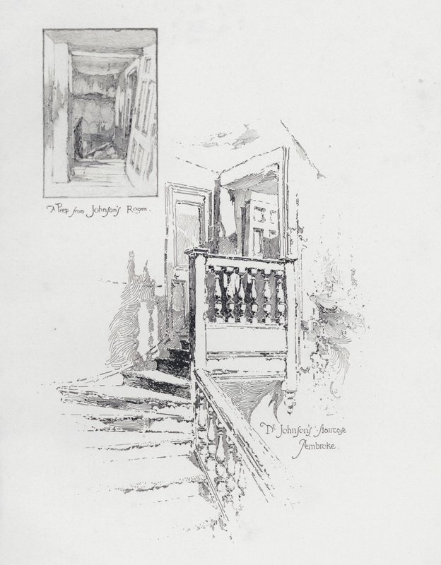 Englantilaisen kirjailijan Samuel Johnsonin huone ja portaat, Pembroke College, Oxford (litho) tekijältä Herbert (after) Railton