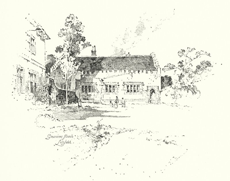 Grammar School, Lichfield, jossa tohtori Johnson kävi koulua (litho) tekijältä Herbert (after) Railton