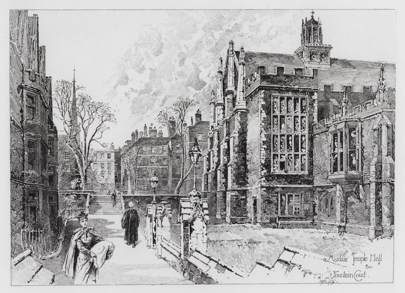 Middle Temple Hall ja Fountain Court (kaiverrus) tekijältä Herbert (after) Railton