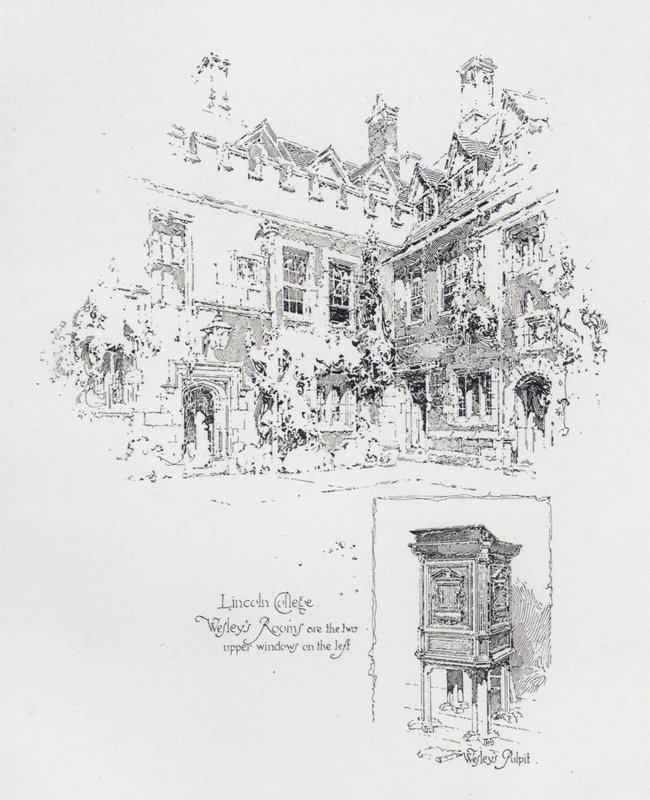 Englantilaisen metodistisaarnaajan John Wesleyn käyttämä saarnatuoli ja hänen huoneet Lincoln Collegessa, Oxfordissa (litho) tekijältä Herbert (after) Railton