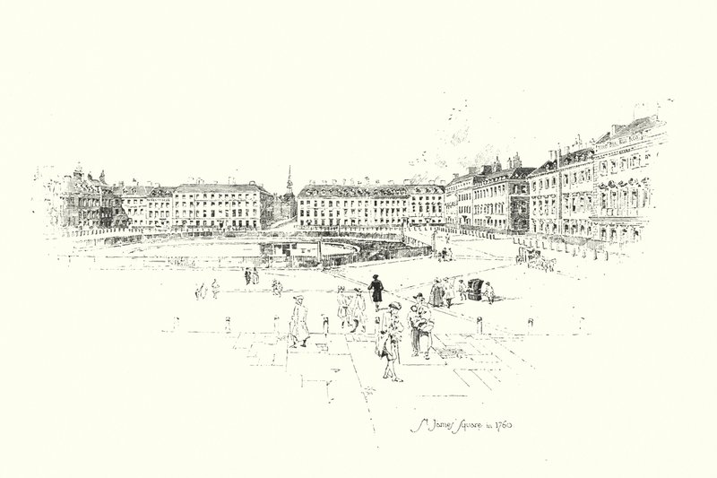 St James’ Square, Lontoo, vuonna 1760 (litho) tekijältä Herbert (after) Railton