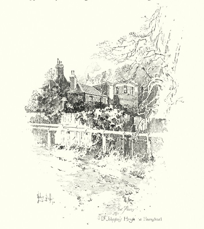 Priory, tohtori Johnsonin talo, Hampsteadissa, Lontoossa (litho) tekijältä Herbert (after) Railton