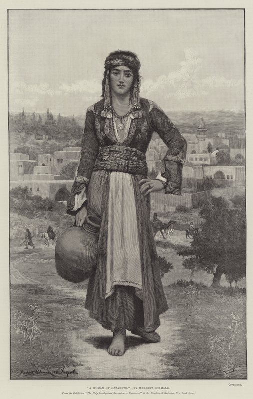 Nainen Nasaretista, näyttelystä The Holy Land, from Jerusalem to Damascus, Dowdeswell Galleries, New Bond Street. tekijältä Herbert Gustave Schmalz