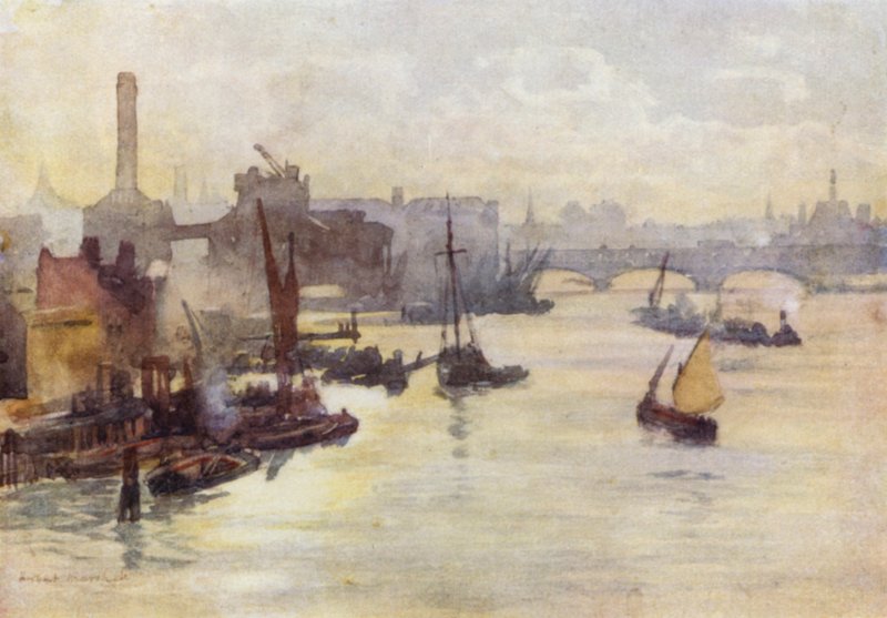 Syksyinen iltapäivä, Southwark Bridgeltä (värilitho) tekijältä Herbert Menzies (after) Marshall