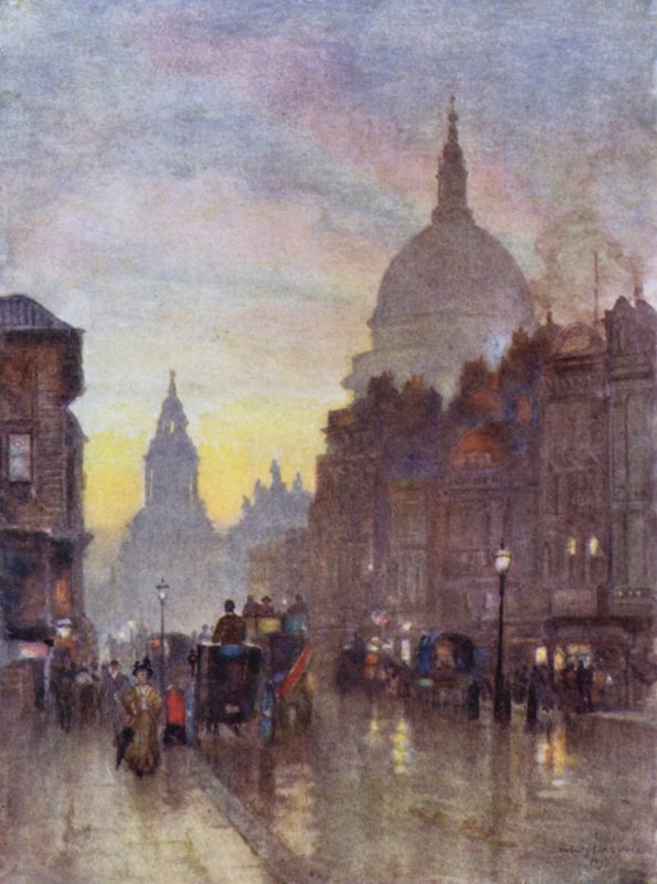 Cannon Street, kesäilta (väri litho) tekijältä Herbert Menzies (after) Marshall
