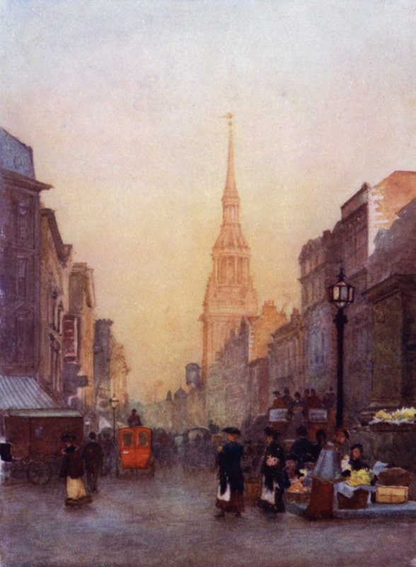 Halpapuoli, jousikirkko etäisyydellä (väri litho) tekijältä Herbert Menzies (after) Marshall