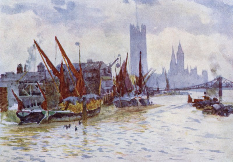 Heinäproomut makaamassa hevoslautalla Westminsterissä (värilitho) tekijältä Herbert Menzies (after) Marshall