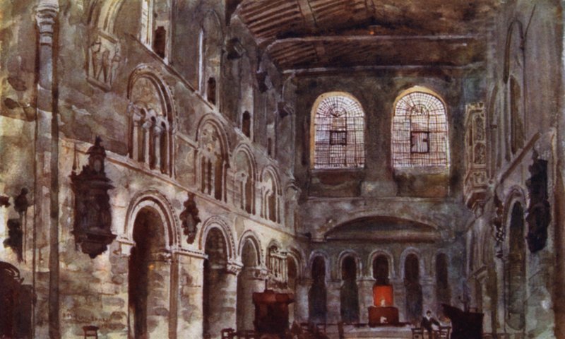 Pyhän Bartolomeuksen sisätilat ennen restaurointia (väri litho) tekijältä Herbert Menzies (after) Marshall