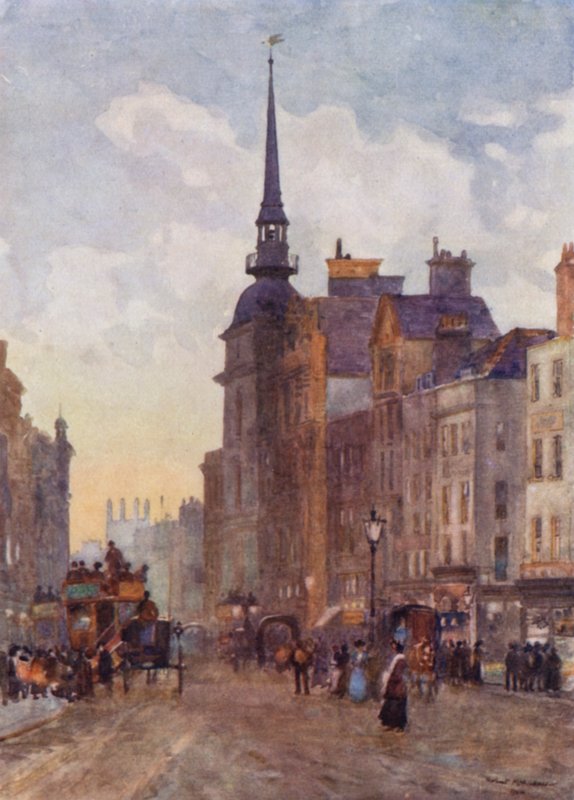 Katse alas Ludgate-kukkulalle Pyhän Paavalin portailta (väri litho) tekijältä Herbert Menzies (after) Marshall
