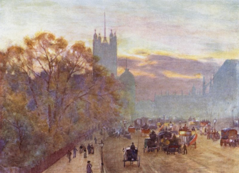 Lähestymistapa Westminsteriin (väri litho) tekijältä Herbert Menzies (after) Marshall