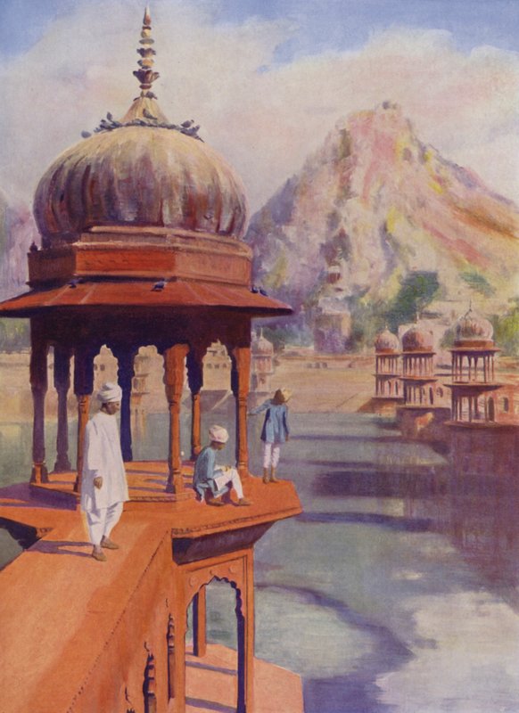 Sacred Tank, Alwar, Rajasthan, Intia (värillinen kuva) tekijältä Herbert Ponting