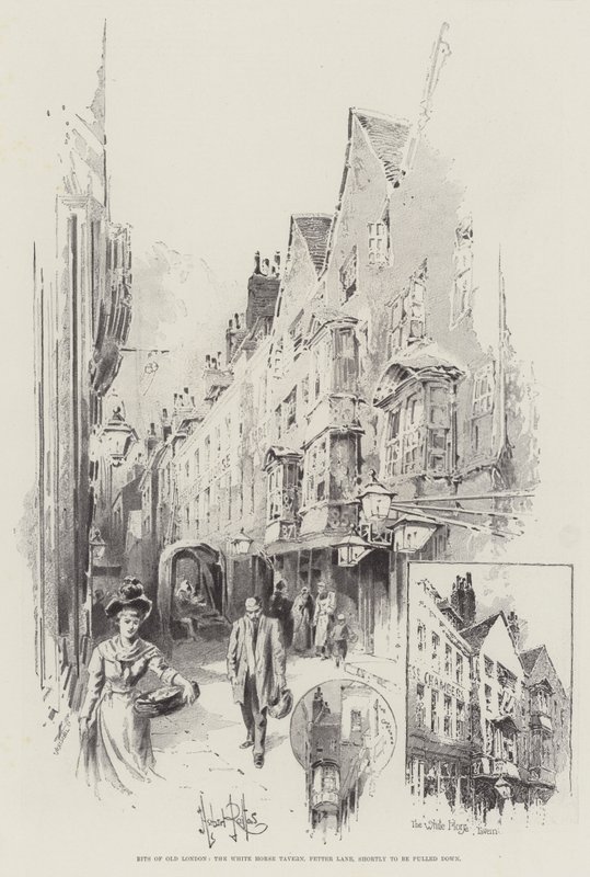 Paloja vanhasta Lontoosta, White Horse Tavern, Fetter Lane, joka on pian purettava. tekijältä Herbert Railton
