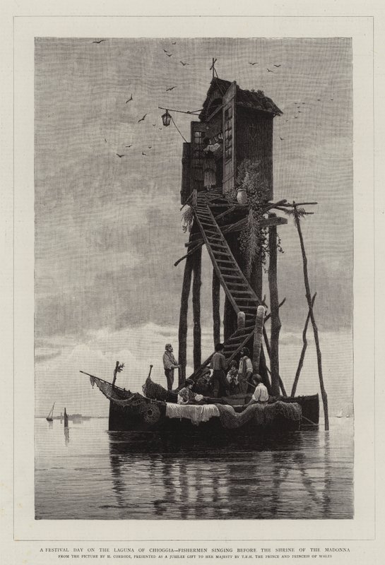 Festivaalipäivä Chioggian lagunalla, kalastajat laulamassa Madonnan pyhäkön edessä tekijältä Hermann David Salomon Corrodi