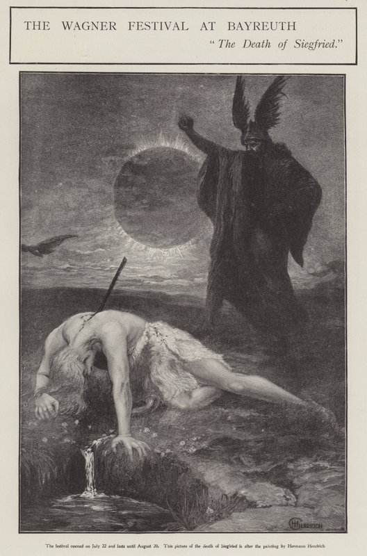 Wagner-festivaali Bayreuthissa: Siegrfriedin kuolema (litho) tekijältä Hermann (after) Hendrich