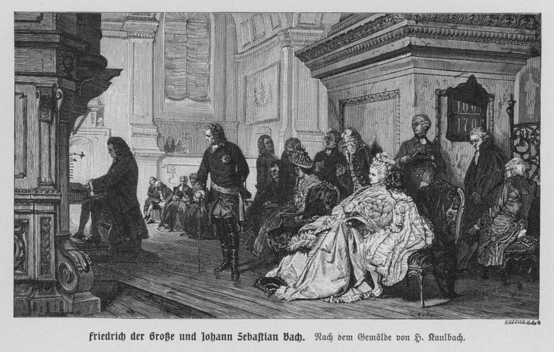 Johann Sebastian Bach soittaa Frederick Suurelle, Preussin kuninkaalle (kaiverrus) tekijältä Hermann Kaulbach