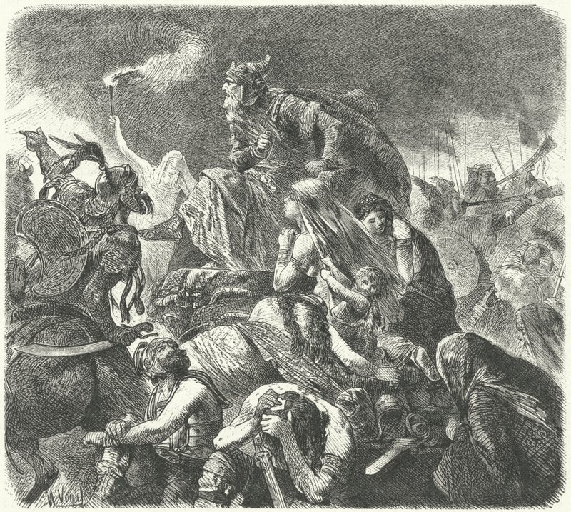 Attila Hunit Visigoottien ratkaisevan hyökkäyksen jälkeen Chalonin taistelussa, 451 tekijältä Hermann Vogel