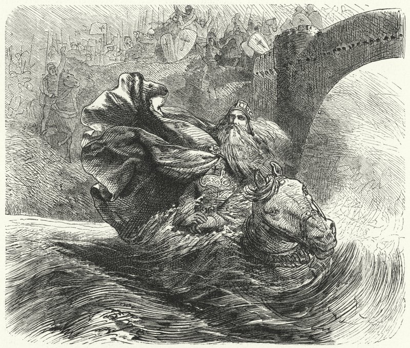 Frederick Barbarossa hukkumassa Saleph-jokeen kolmannella ristiretkellä, 1190 tekijältä Hermann Vogel