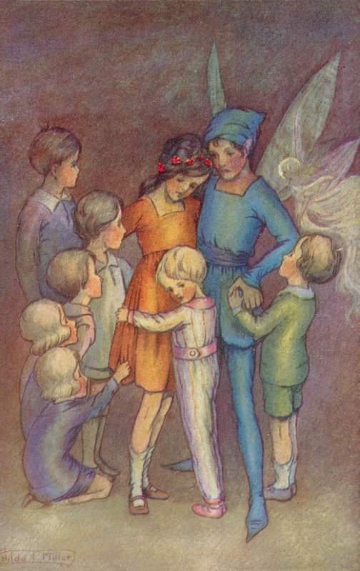 Peter Pan ja Helinäpeli (värilitografia) tekijältä Hilda Theodora Miller