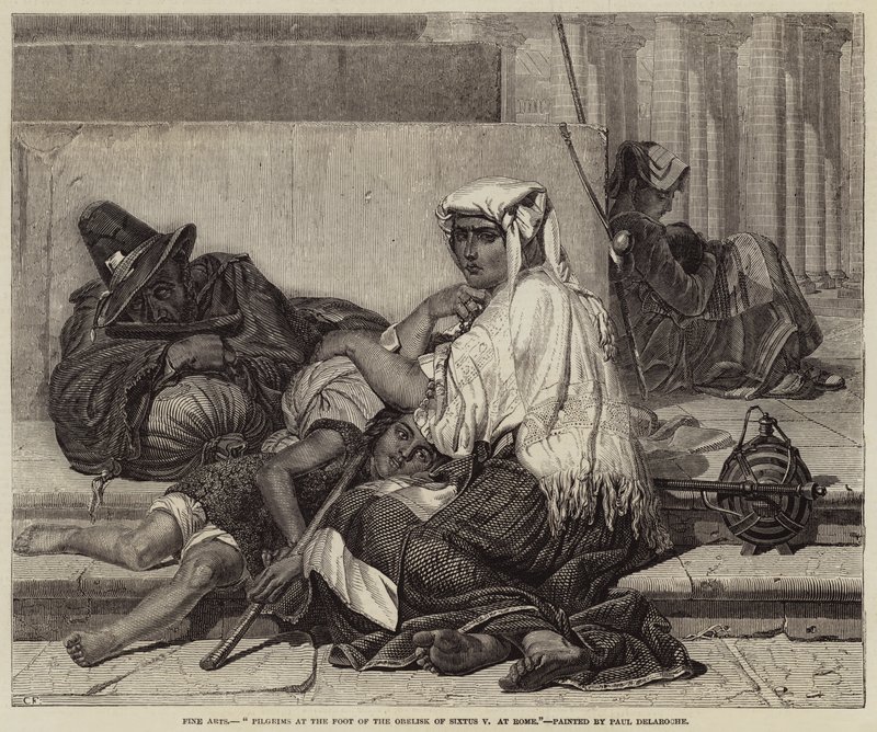 Pyhiinvaeltajat Sixtus V:n obeliskin juurella Roomassa tekijältä Hippolyte Delaroche