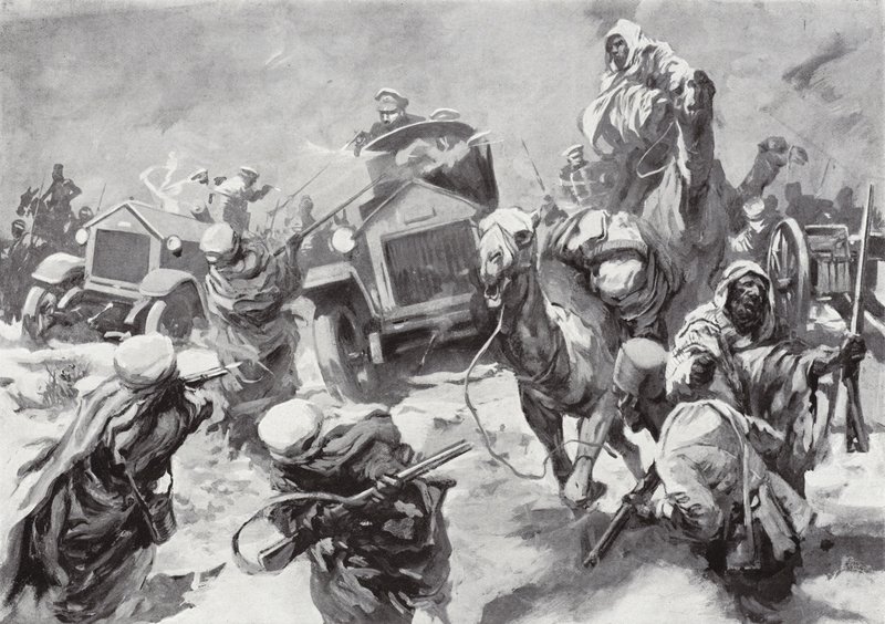 Westminsterin herttua ja hänen panssariautonsa ryntäävät pelastamaan Senussien valtaamia haaksirikkoutuneita miehistöjä, Kyrenaika, Pohjois-Afrikka, 17. maaliskuuta 1916. tekijältä Howard K. Elcock
