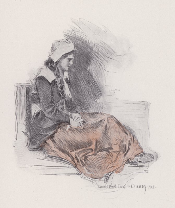 Kuvitus Evangelinelle, Tarina Arcadiesta, kirjoittanut Henry Wadsworth Longfellow (litho) tekijältä Howard Chandler (after) Christy