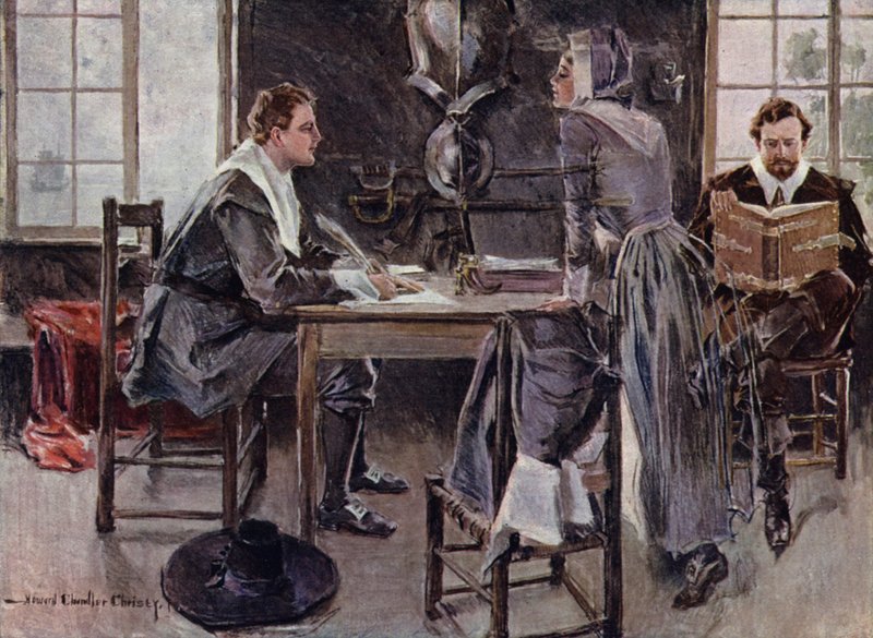 Kuvitus Henry Wadsworth Longfellowin The Courtship of Miles Standishin teokseen (värilitho) tekijältä Howard Chandler (after) Christy