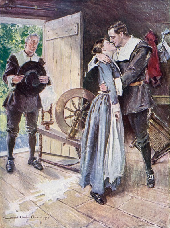Kuvitus Henry Wadsworth Longfellowin The Courtship of Miles Standishin teokseen (värilitho) tekijältä Howard Chandler (after) Christy