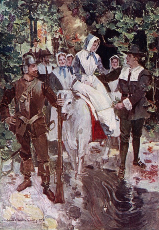 Kuvitus Henry Wadsworth Longfellowin The Courtship of Miles Standishin teokseen (värilitho) tekijältä Howard Chandler (after) Christy