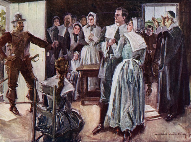 Kuvitus Henry Wadsworth Longfellowin The Courtship of Miles Standishin teokseen (värilitho) tekijältä Howard Chandler (after) Christy