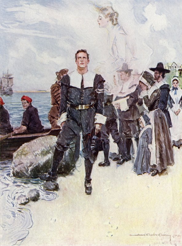 Kuvitus Henry Wadsworth Longfellowin The Courtship of Miles Standishin teokseen (värilitho) tekijältä Howard Chandler (after) Christy