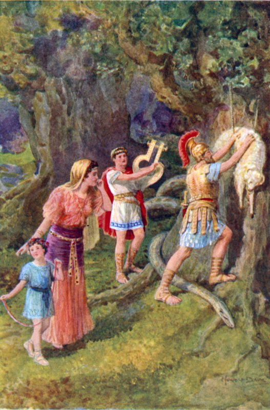 "Jason repäisi fleecen irti puunrungosta" (väri litho) tekijältä Howard Davie