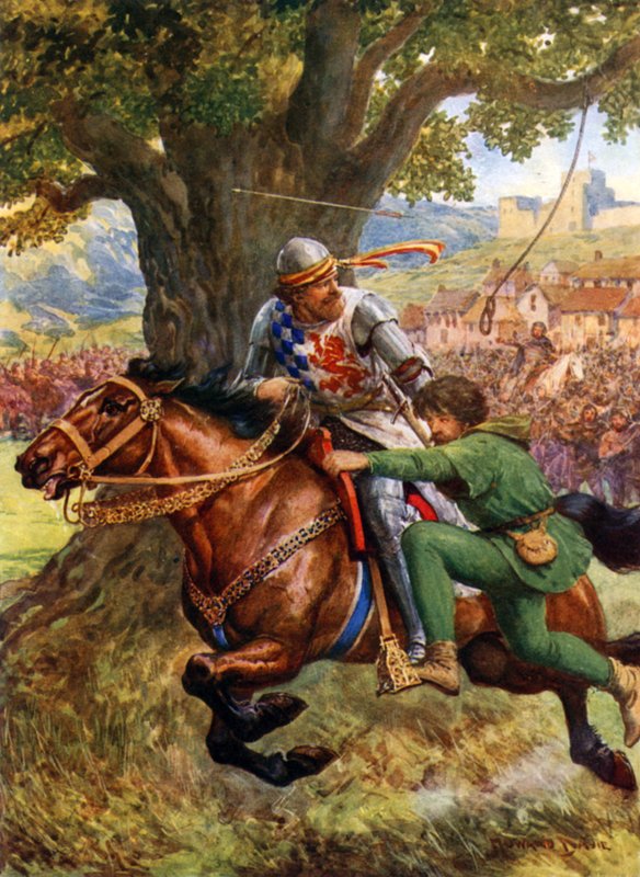 "Robin Hood pelastaa pienen Johnin" (värinen lito) tekijältä Howard Davie