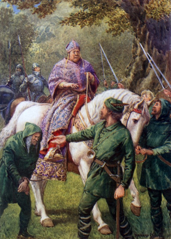"Robin Hood tapaa Herefordin piispan" (värilitho) tekijältä Howard Davie
