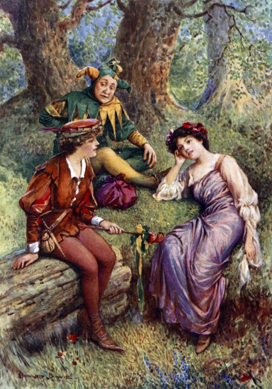 Rosalind, Celia ja Touchstone (väri litho) tekijältä Howard Davie