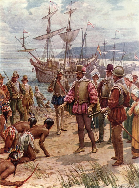 Sir Walter Raleigh laskeutumassa Virginiaan (väri litho) tekijältä Howard Davie