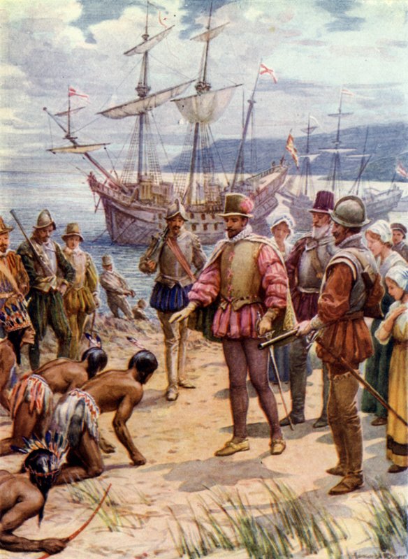 Sir Walter Raleigh, laskeutumassa Virginiaan (värilitho) tekijältä Howard Davie