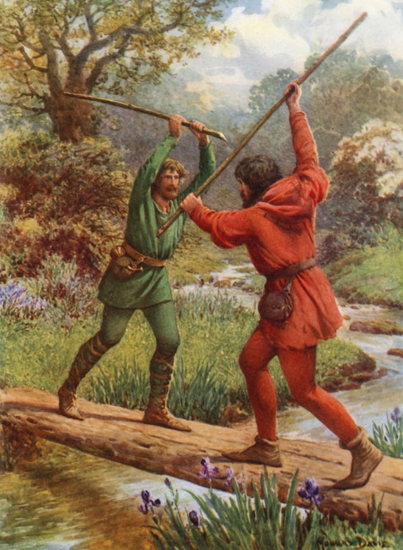 "Fight Between Robin Hood ja Little John" (väri litho) tekijältä Howard Davie