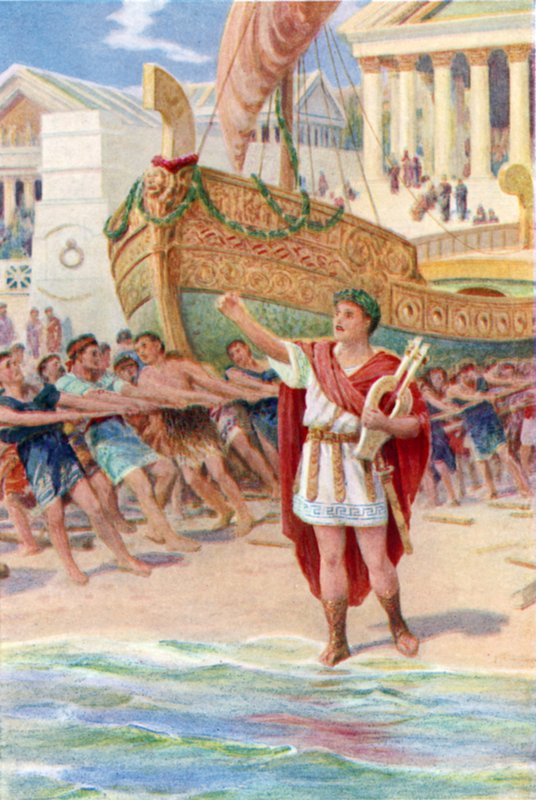 "Sitten Orpheus otti harppunsa ja aloitti taikalaulunsa" (väri litho) tekijältä Howard Davie