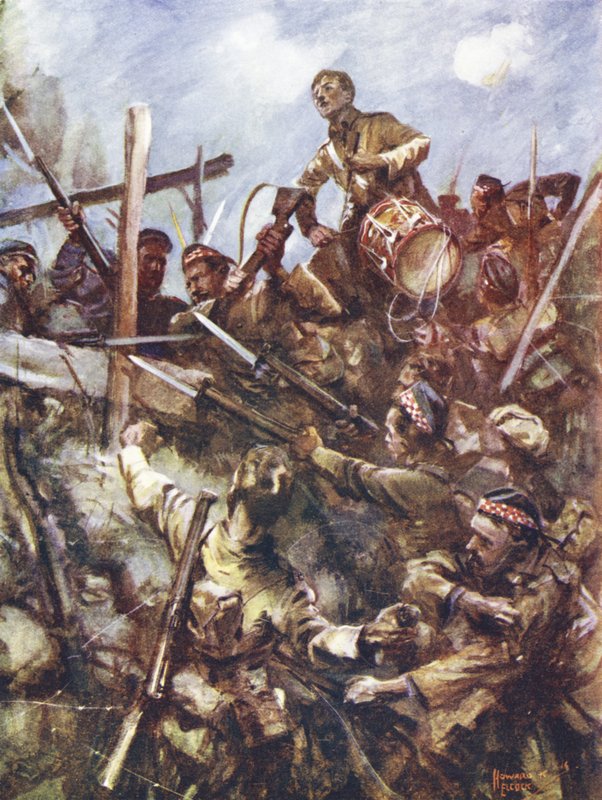 Rumpali Walter Ritchie seisomassa vihollisen kaiteella lyömään hyökkäystä raskaan konekivääritulen ja pommi-iskujen alla, Beaumont Hamel, Ranska, 1. heinäkuuta 1916 tekijältä Howard K. Elcock