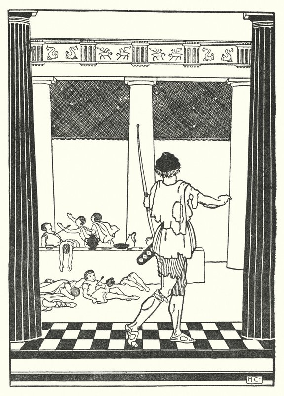 Odysseus tappaa Penelopen kosijat (litografia) tekijältä Hugh Chesterman