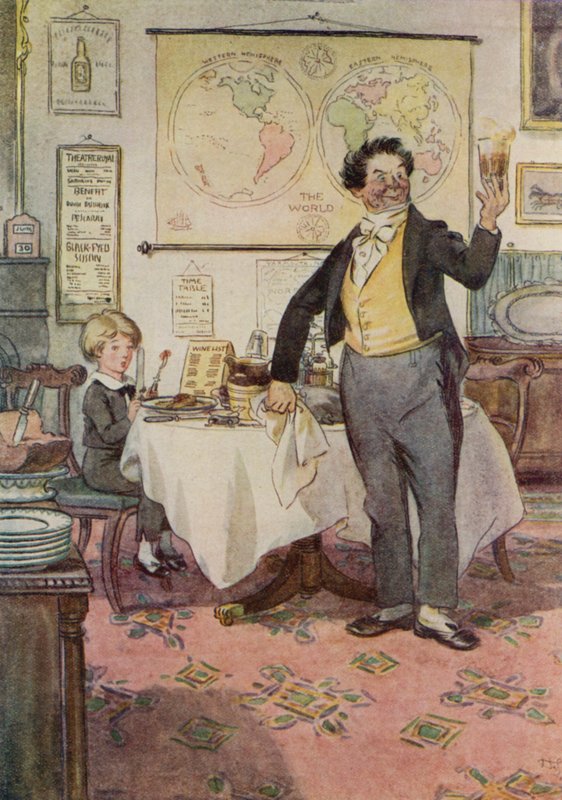 David Copperfield ja tarjoilija Yarmouthissa (väri litho) tekijältä Hugh Thomson