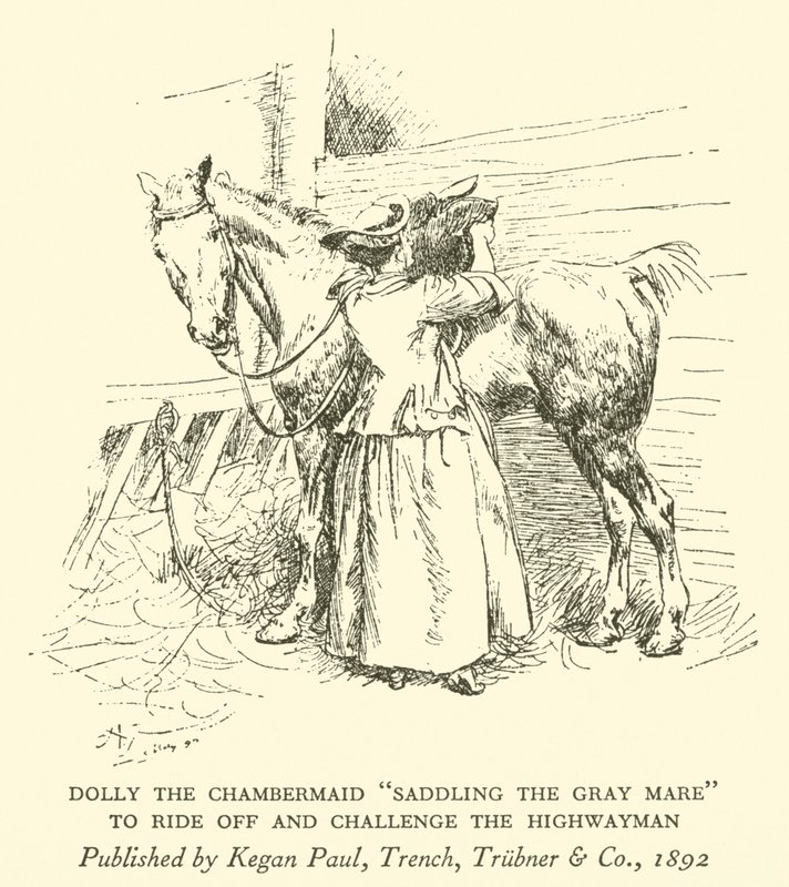 Dolly the Chambermaid "Saddling the Grey Mare", ratsastaa ja haastaa valtatiemiehen (kaiverrus) tekijältä Hugh Thomson