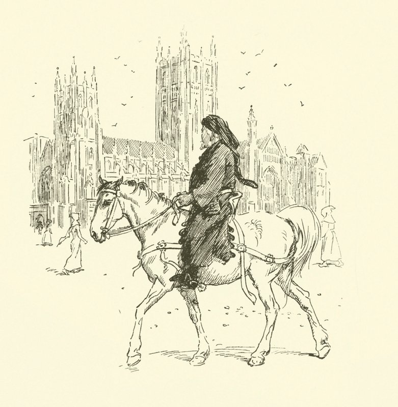 Geoffrey Chaucer hevosen selässä (litho) tekijältä Hugh Thomson