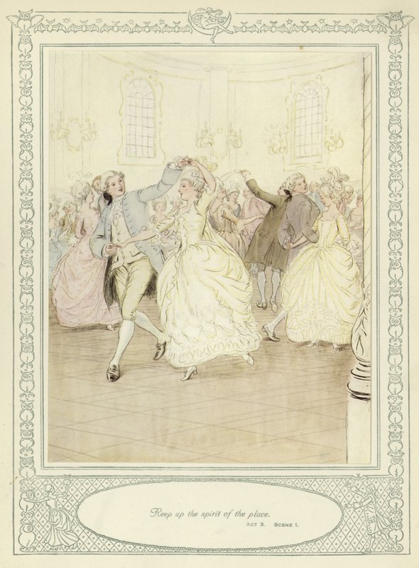 Kuvitus Goldsmithin teokseen She Stoops to Conquer tekijältä Hugh Thomson