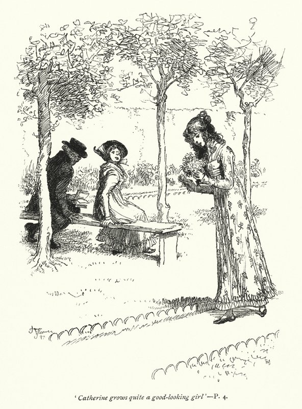 Kuvitus Northanger Abbeylle, kirjoittanut Jane Austen (litho) tekijältä Hugh Thomson