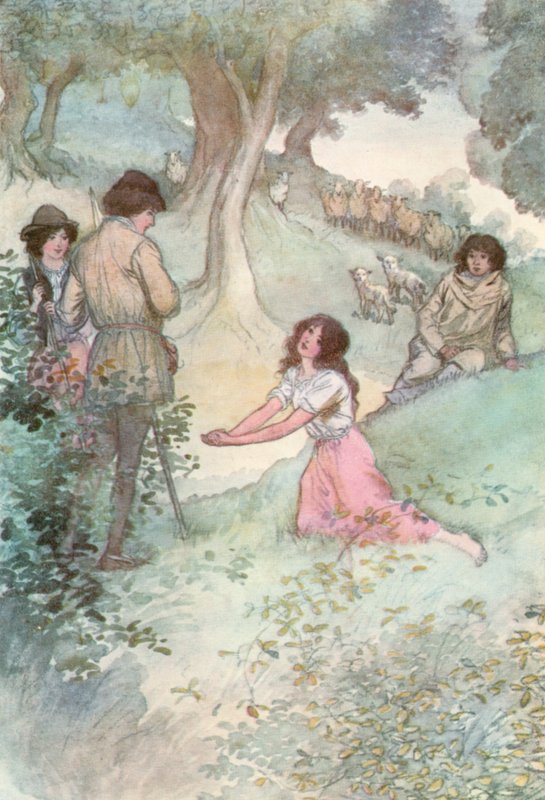 Kuvitus Shakespearen Kuten haluat (väri litho) tekijältä Hugh Thomson