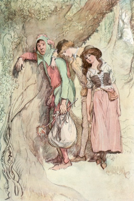 Kuvitus Shakespearen Kuten haluat (väri litho) tekijältä Hugh Thomson