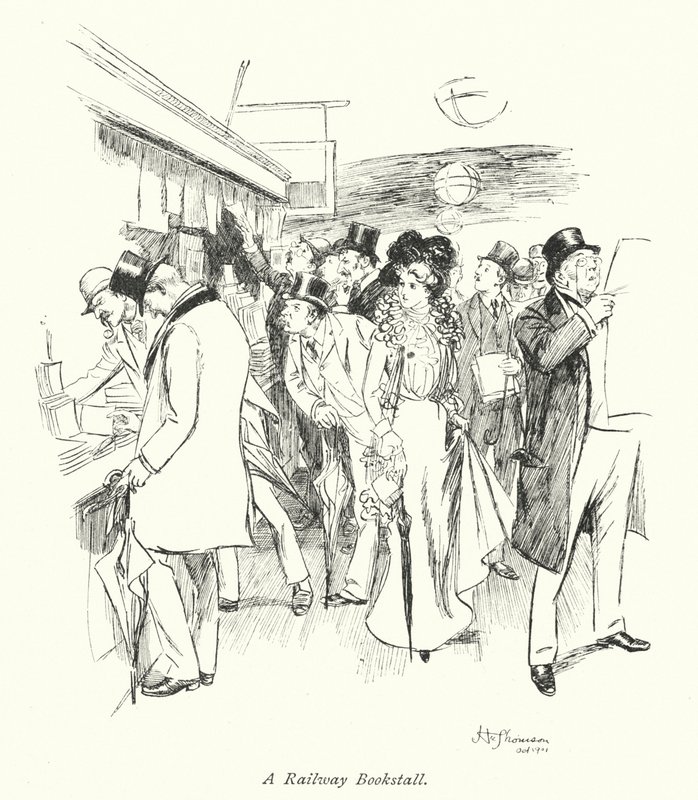 Lontoo: A Railway Bookstall (värilitografia). tekijältä Hugh Thomson